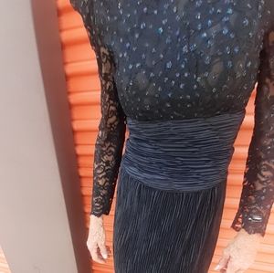 Daring Vtg 80s I magnin Midi lace sequin Bodice dress Plunge V Micro pleat skirt